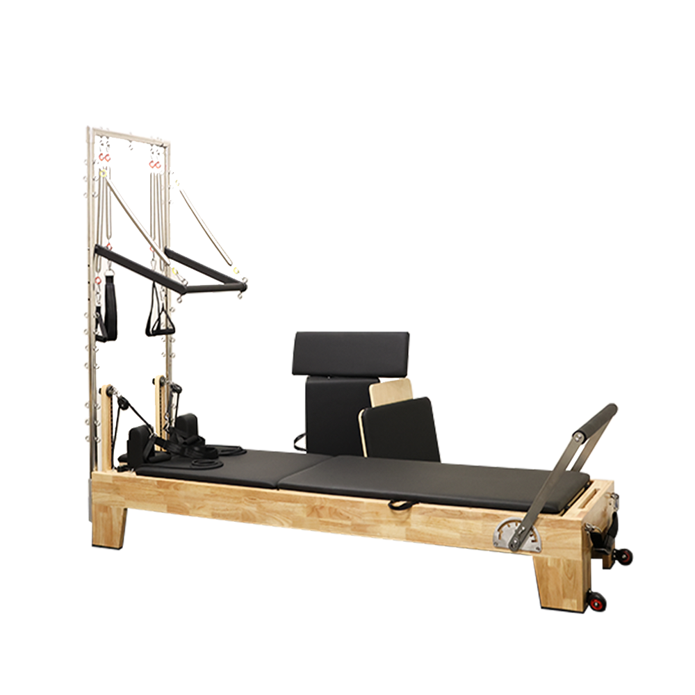 pilates oak reformer with half trapeze attachment