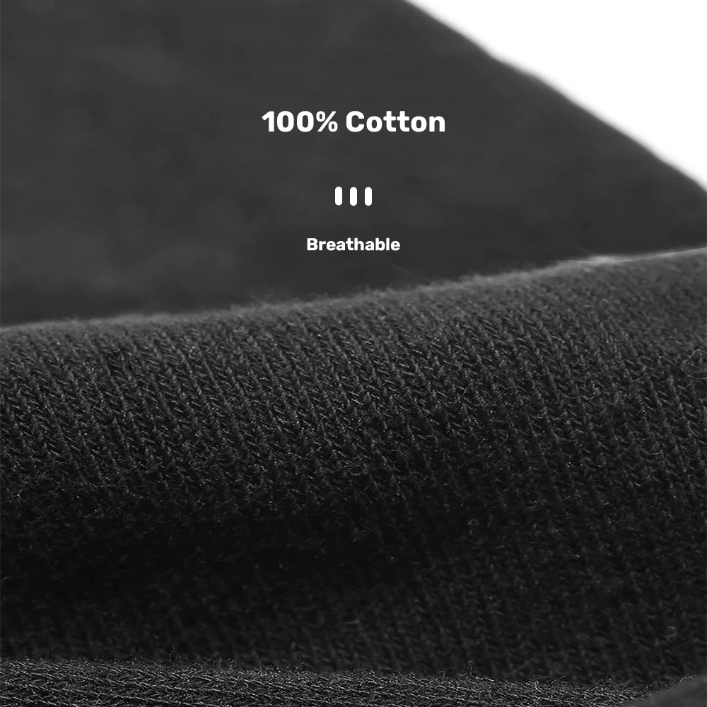 Close-up of black fabric with '100% Cotton' and 'Breathable' text on yoga socks