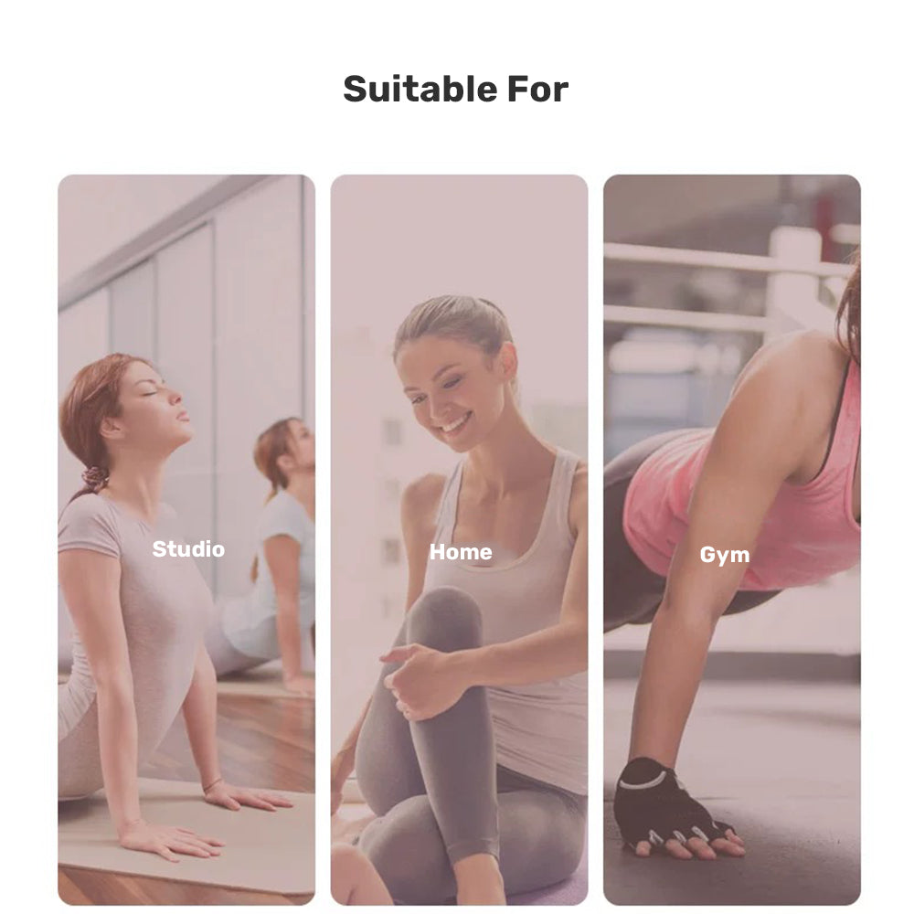 Three scenarios showing a woman exercising in different settings: studio, home, and gym with yoga socks