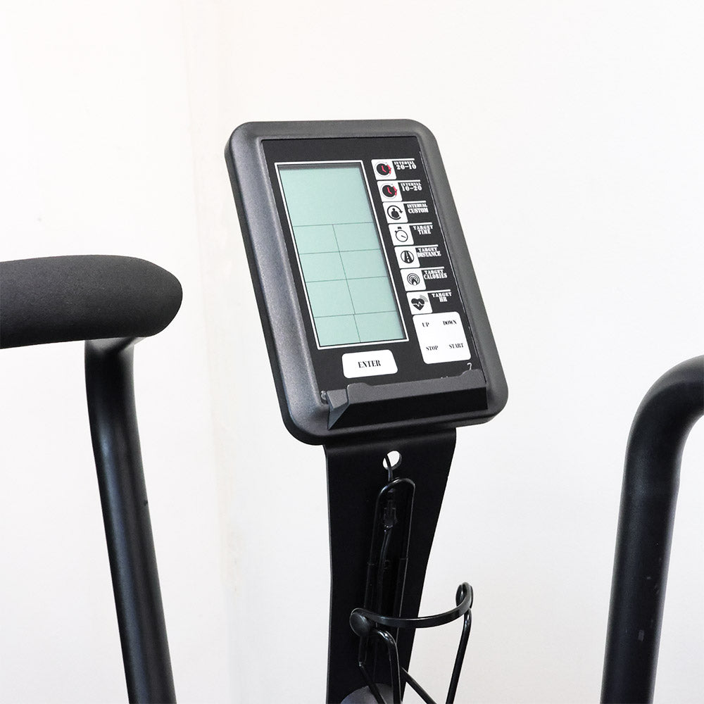 close-up of a sigital display on a air bike with a white background