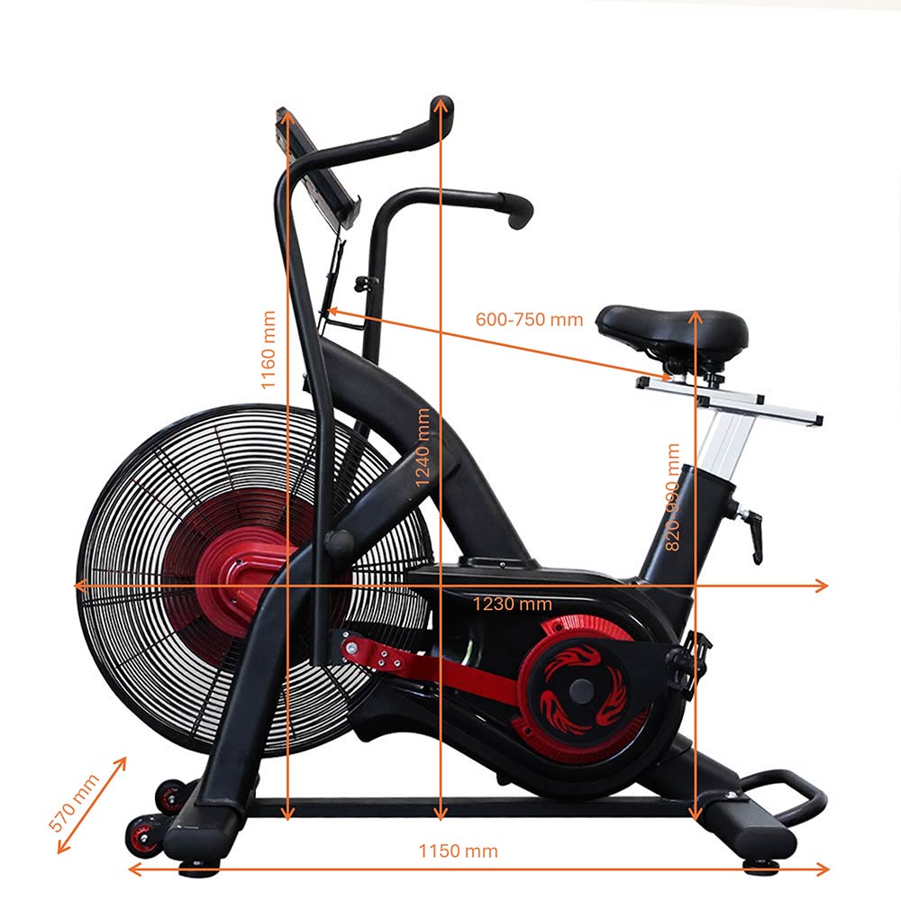 Black and red exercise bike with measurement markings on a white background