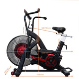 Black and red exercise bike with measurement markings on a white background