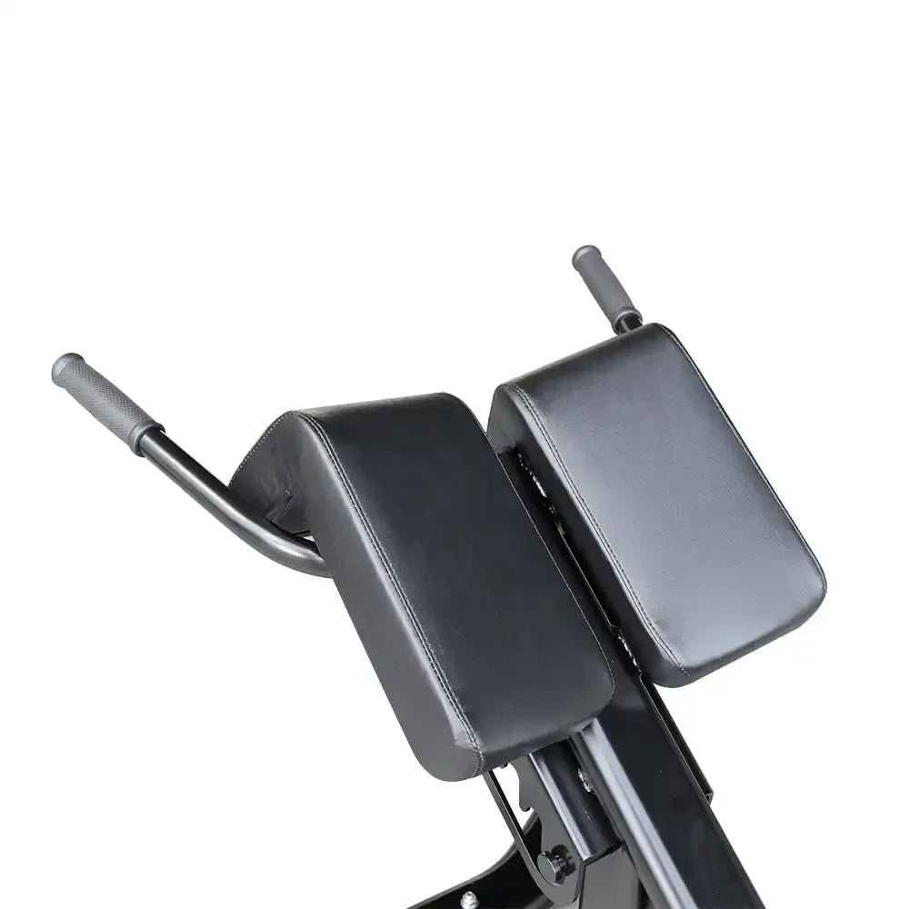 close up of the pad and handle in black roman chair