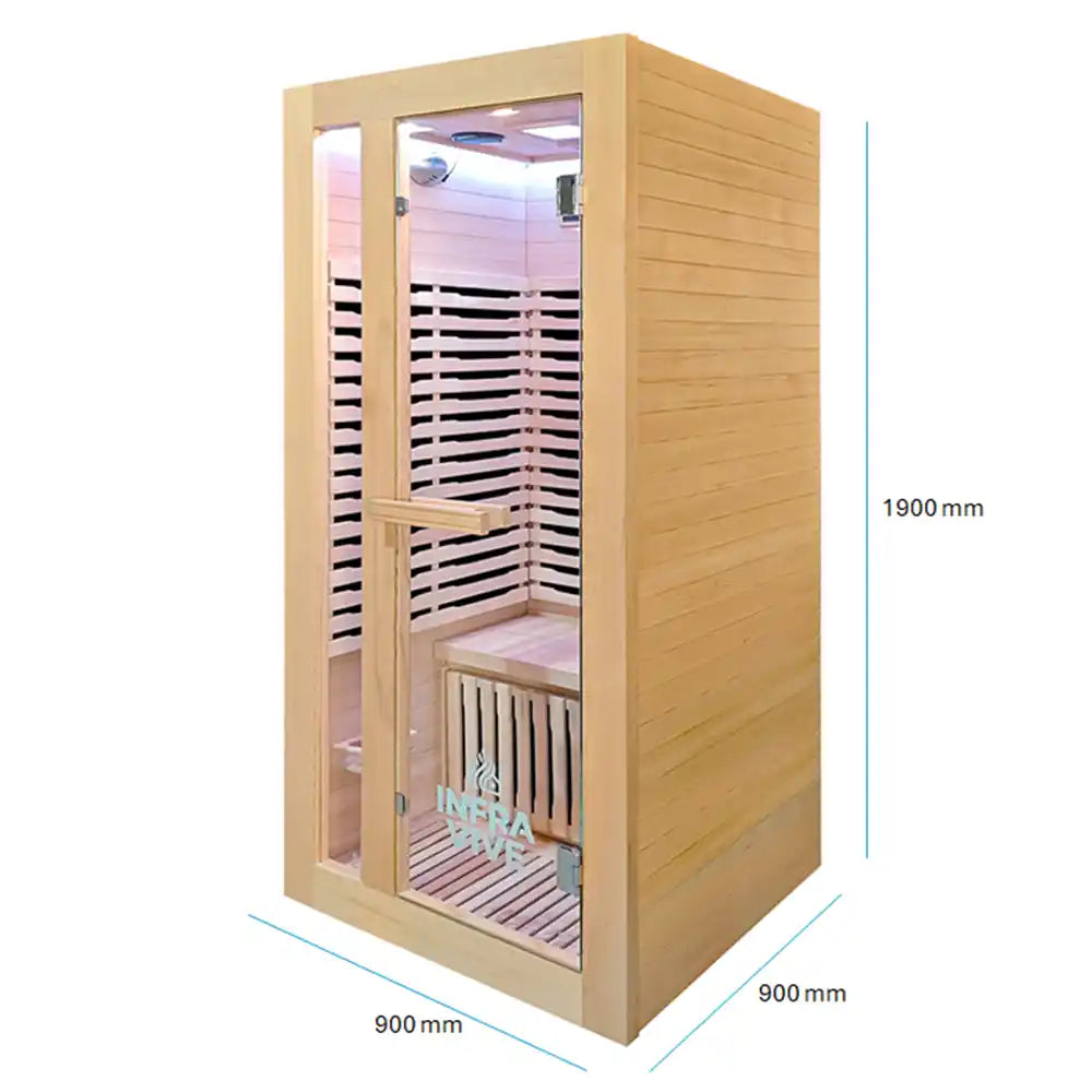 A light wood single sauna cabin with glass doors, interior bench, and visible dimension labels showing 1900 mm height, 900 mm width, and 900 mm depth on a white background.