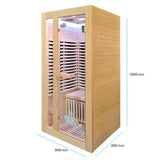A light wood single sauna cabin with glass doors, interior bench, and visible dimension labels showing 1900 mm height, 900 mm width, and 900 mm depth on a white background.