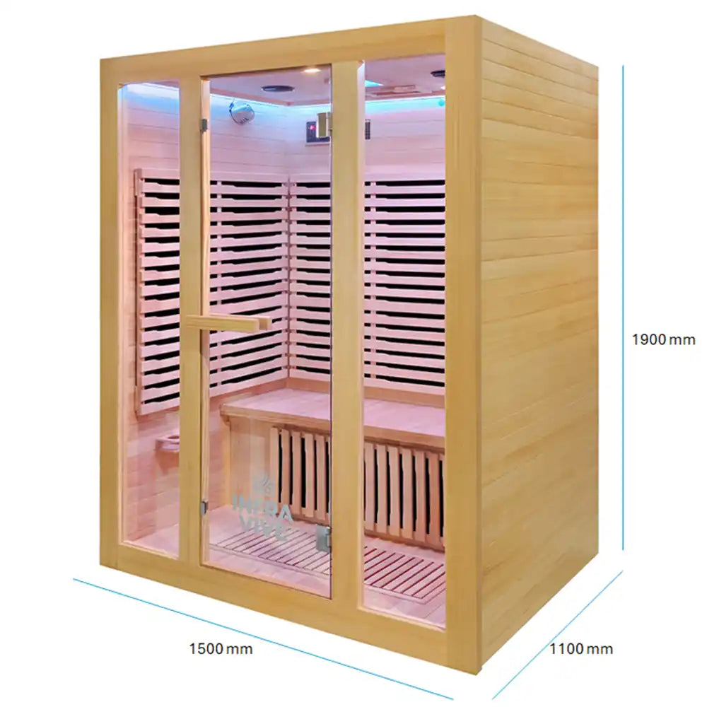A wooden 3 person infrared sauna cabin with glass doors and interior LED lighting, shown with dimension labels indicating 1500 mm width, 1900 mm height, and 1100 mm depth.
