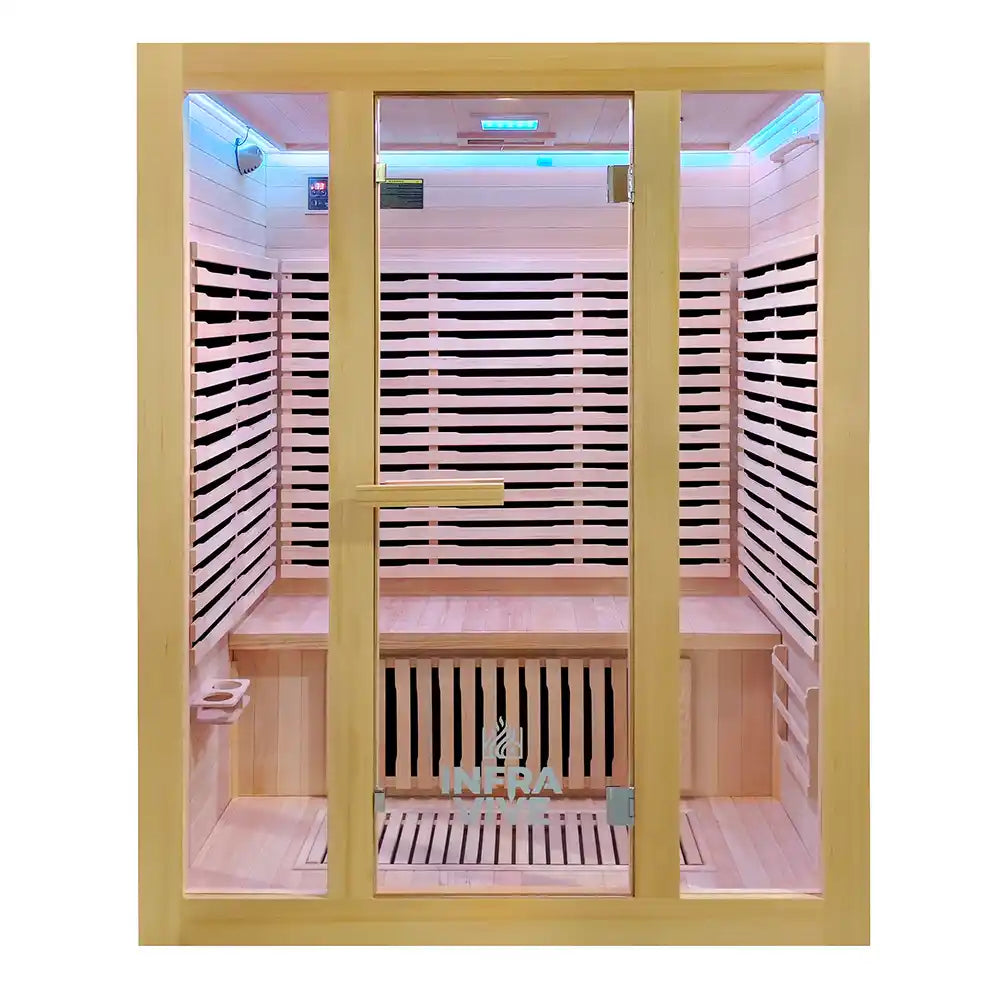 A wooden indoor 3 person sauna with a glass door, interior LED lighting, built-in seating, and slatted walls. The brand name 'INARA' is visible on the lower glass panel.