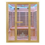 A wooden indoor 3 person sauna with a glass door, interior LED lighting, built-in seating, and slatted walls. The brand name 'INARA' is visible on the lower glass panel.