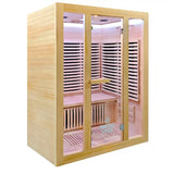 A light natural wood 3 person indoor sauna cabin with glass doors, interior wooden benches, slatted side panels, and visible LED lighting inside, shown on a plain white background.