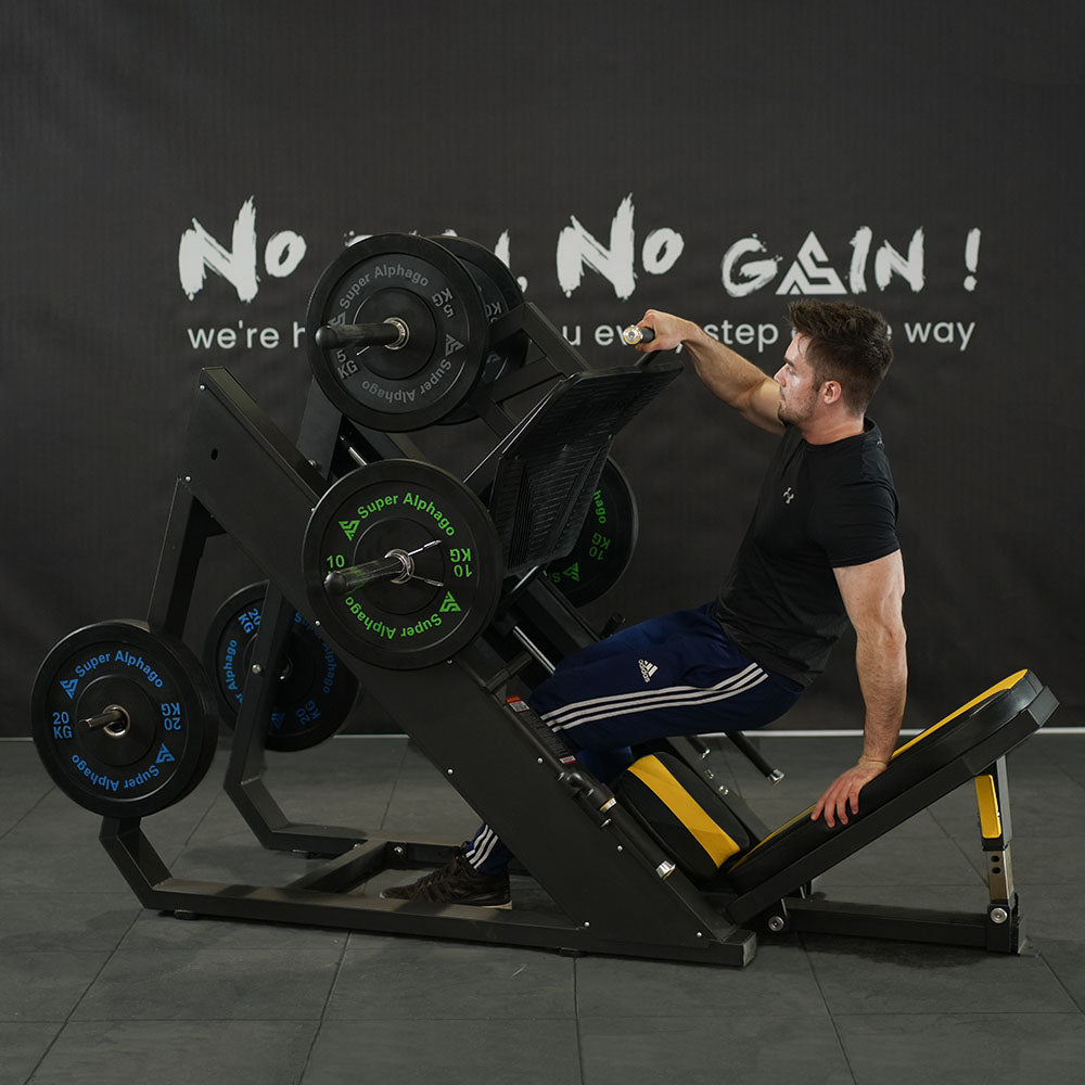 male model image for Leg Press Machine SL240 with bumper plates
