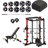 Smith Machine SP024 + 105kg Tri-Grip Weights + 2.2m Bar + Decline Bench + 6pcs Gym Mats + Collars