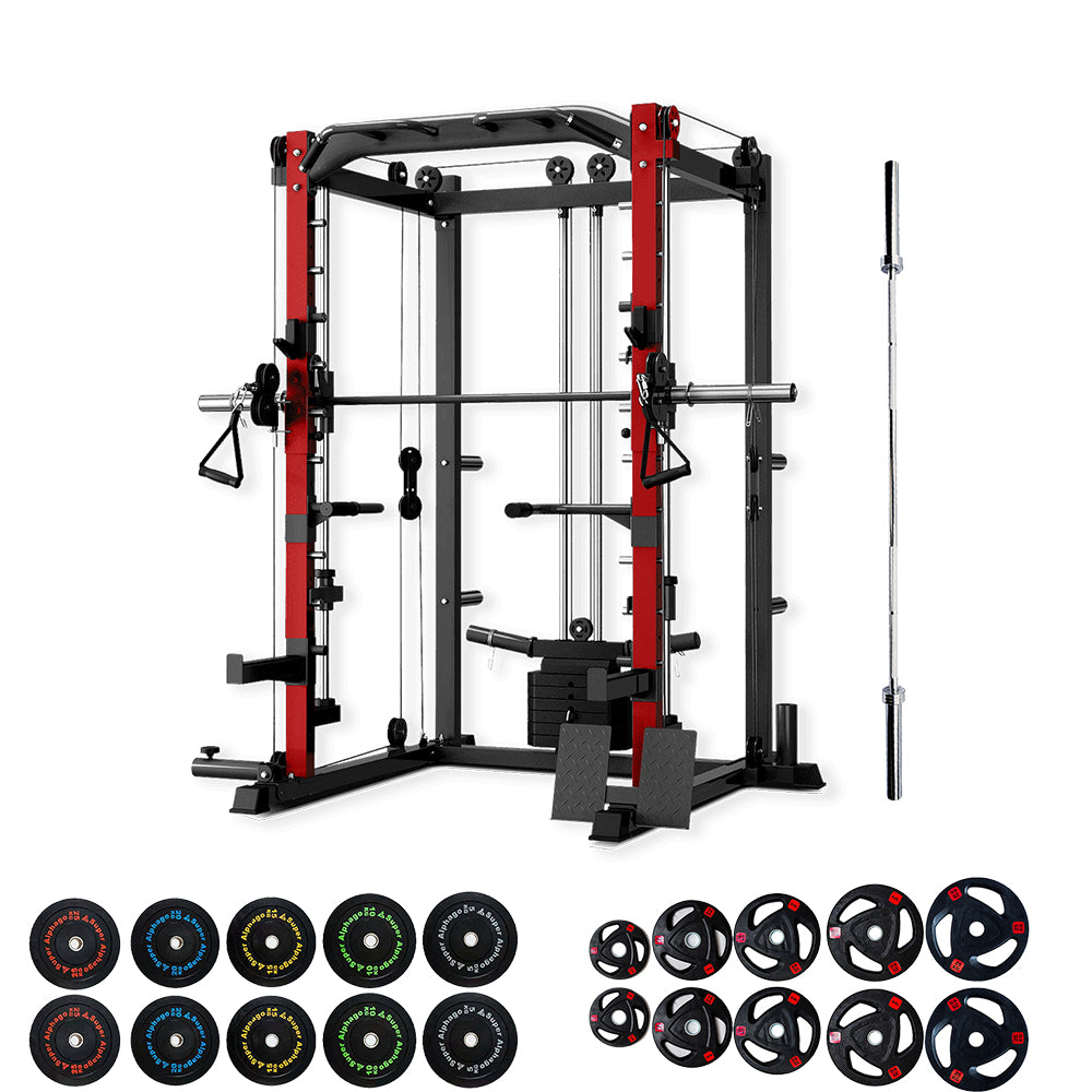 Gym smith machine with weight plates and a barbell on a white background
