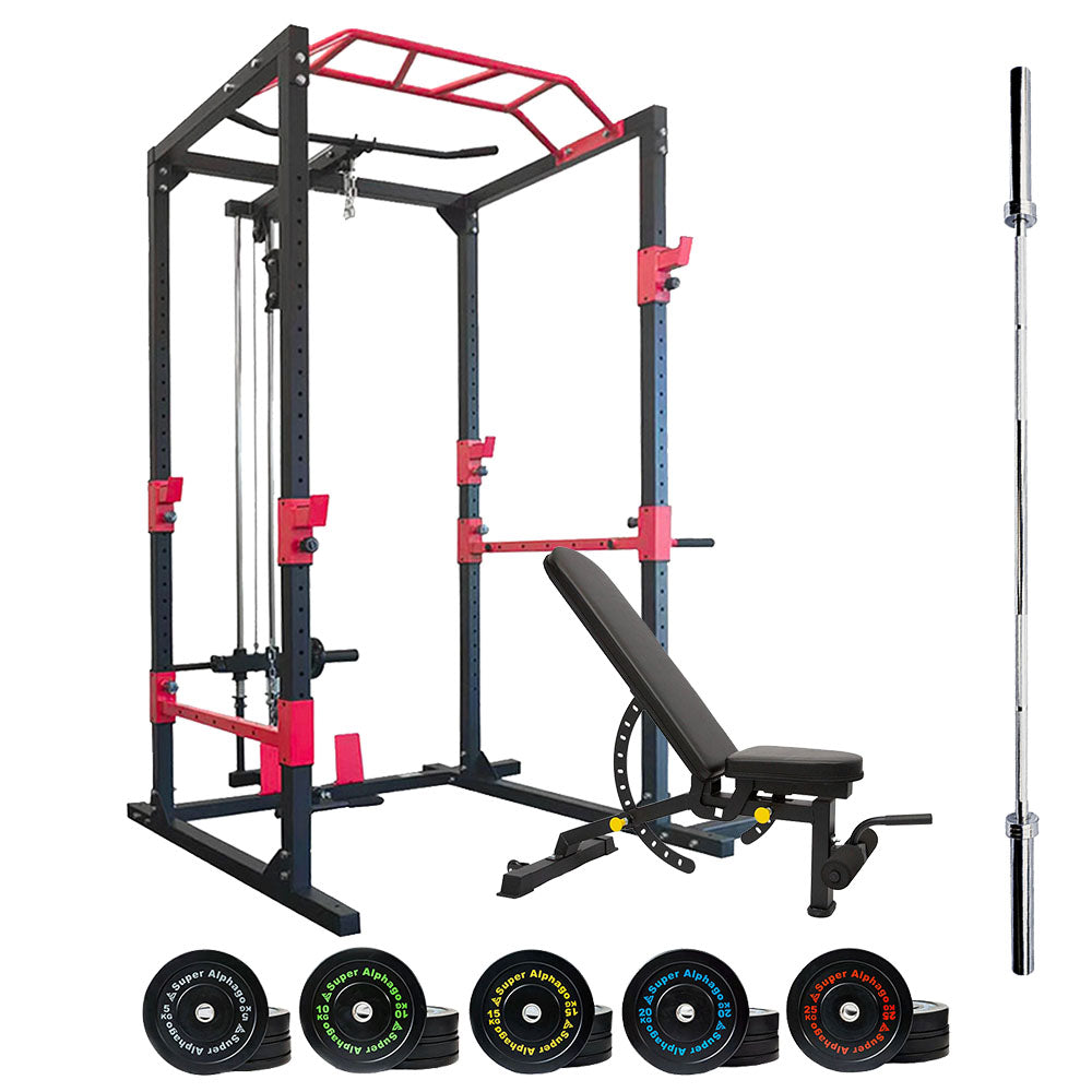 cage rack sr89 package with bench barbell bumper plates