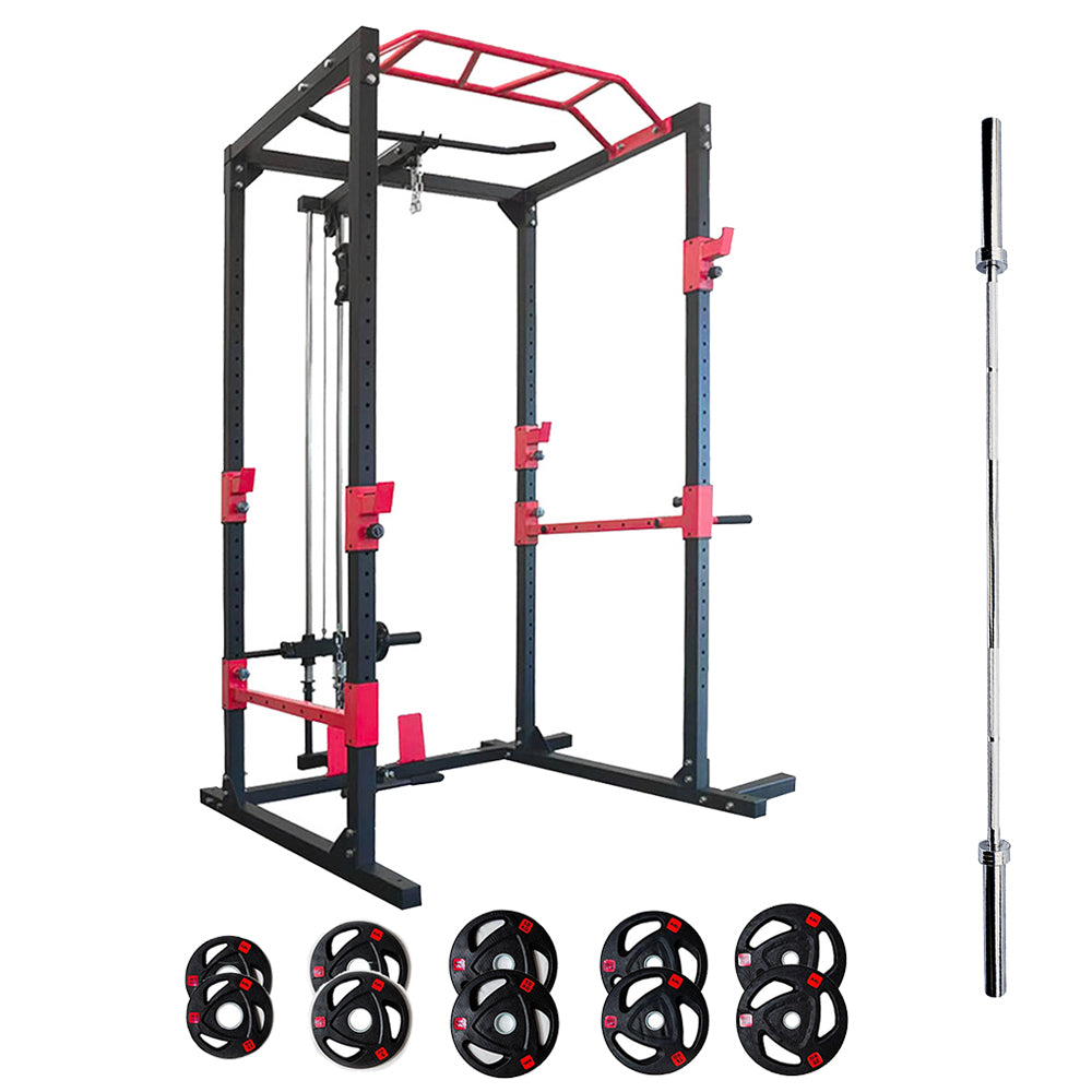 cage rack sr89 package with barbell and olympic weights