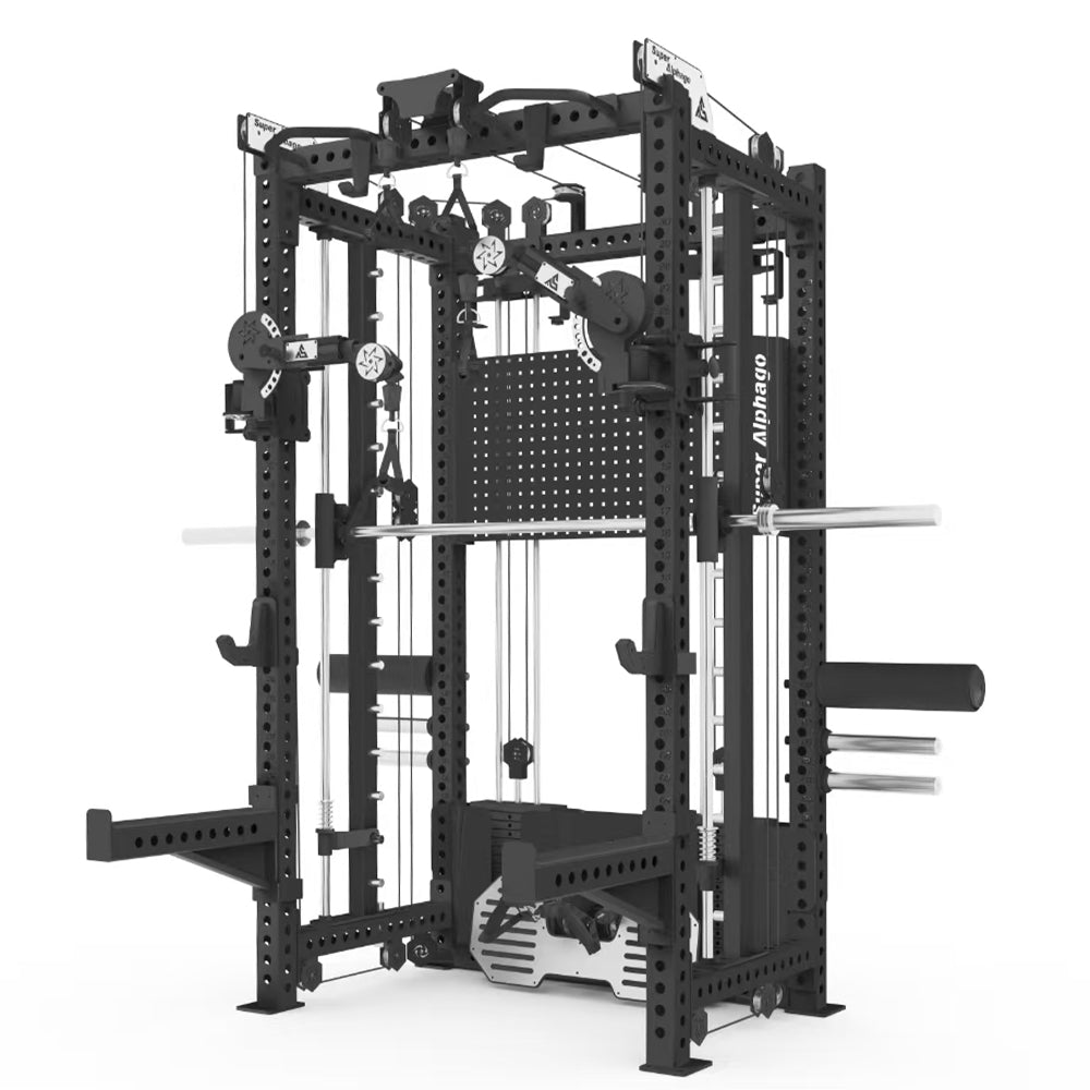 Black multi-functional smith machine on a white background right side view