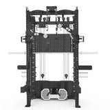 Black multi-functional smith machine on a white background front view