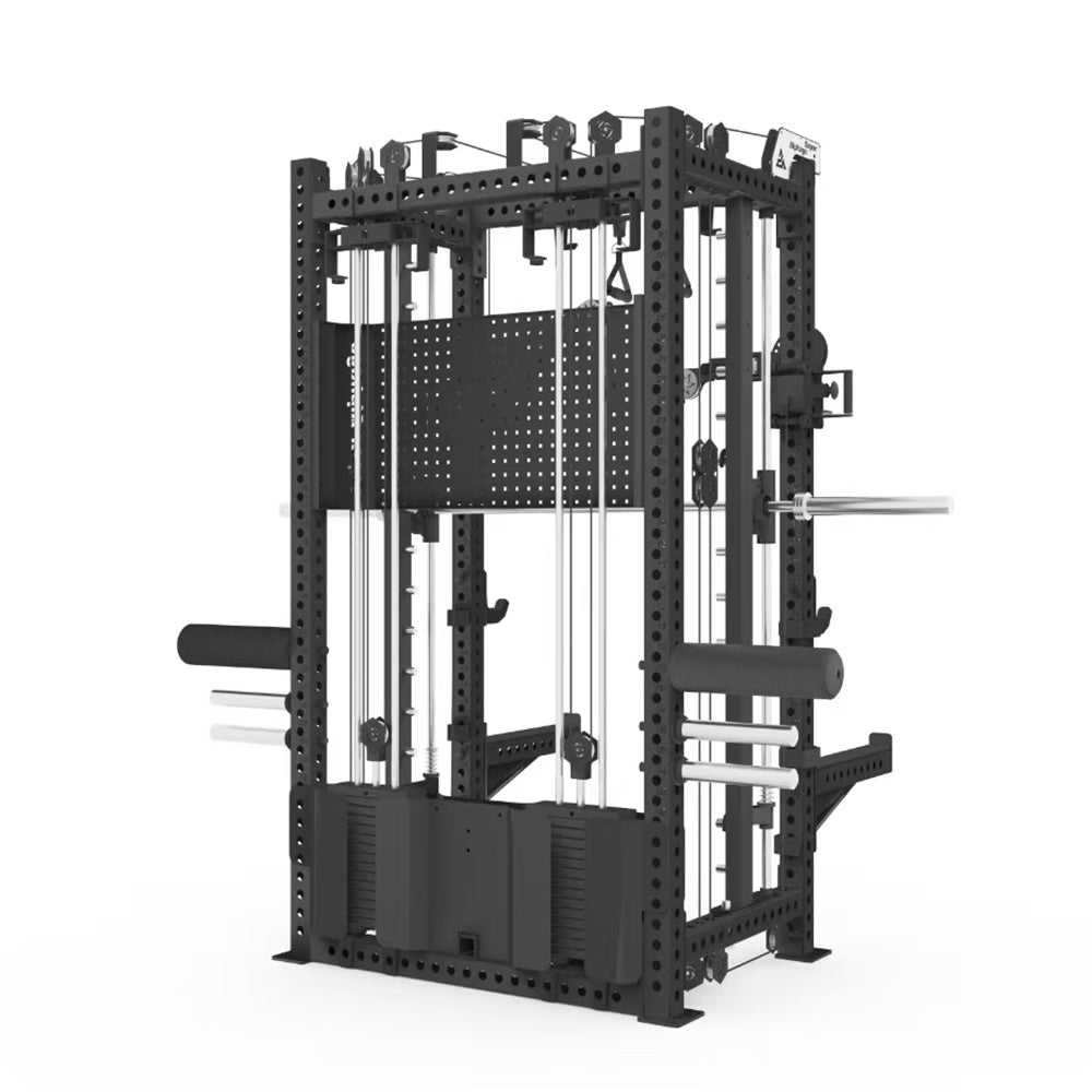 Black multi-functional smith machine on a white background back view
