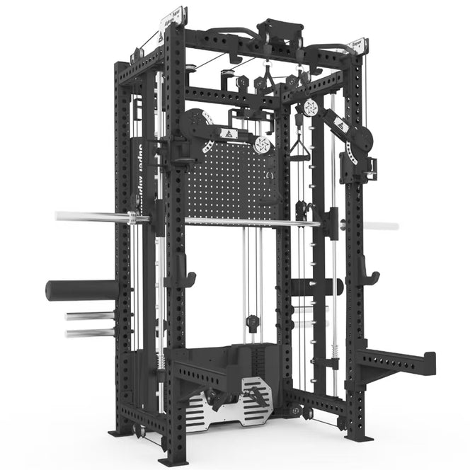Black multi-functional smith machine on a white background left side view