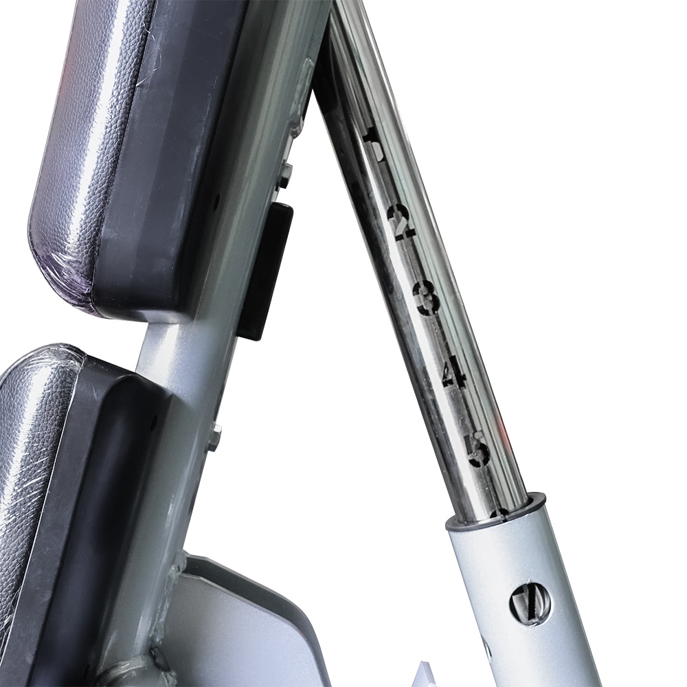 Close-up of a laser-cutter number leveller on an adjustable weight bench