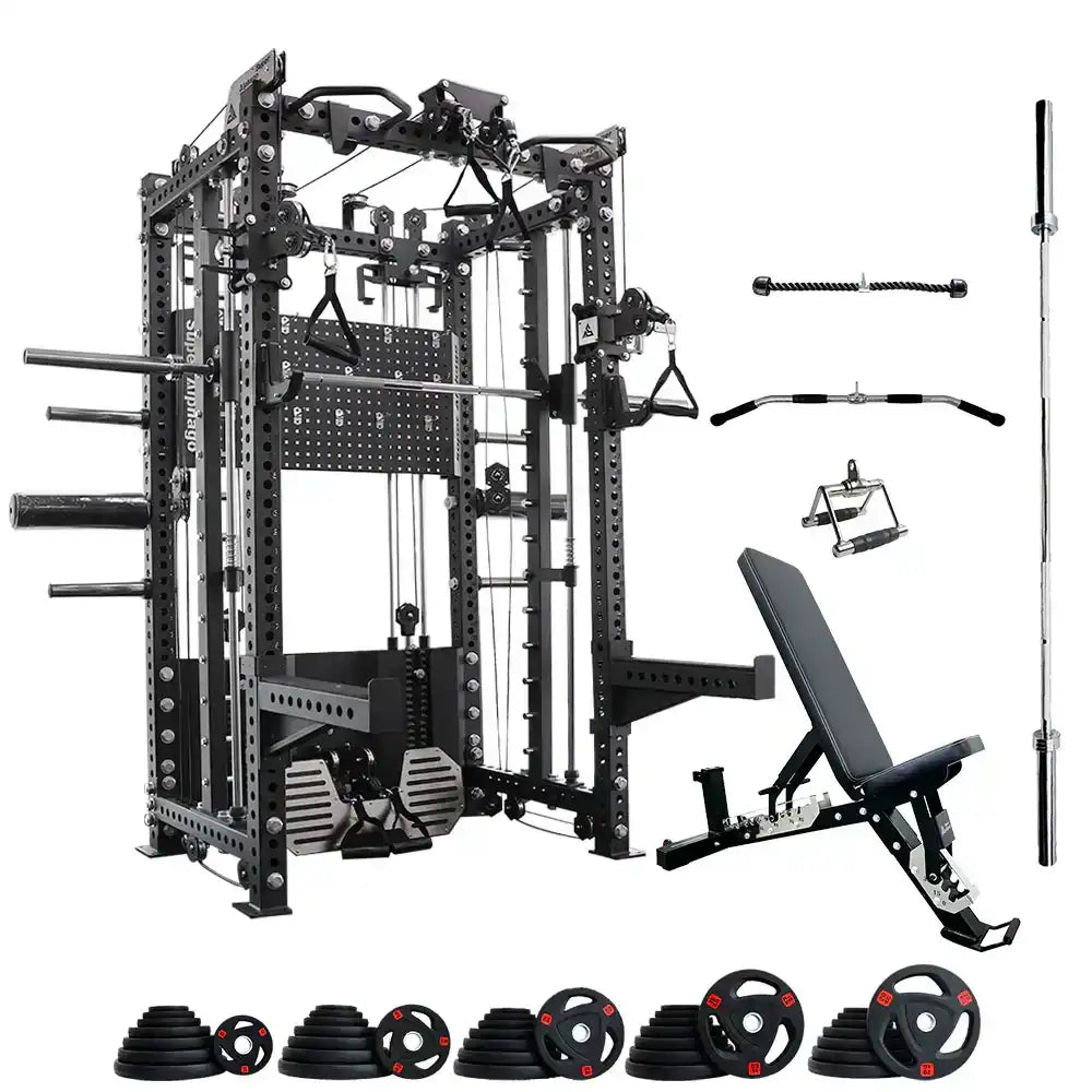 Gym equipment set including a smith machine, bench, and weight plates on a white background