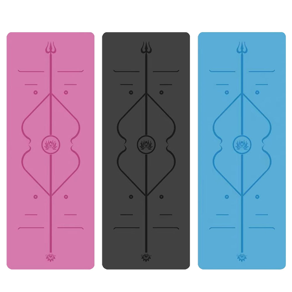 Three yoga mats in pink, black, and blue with a central design.