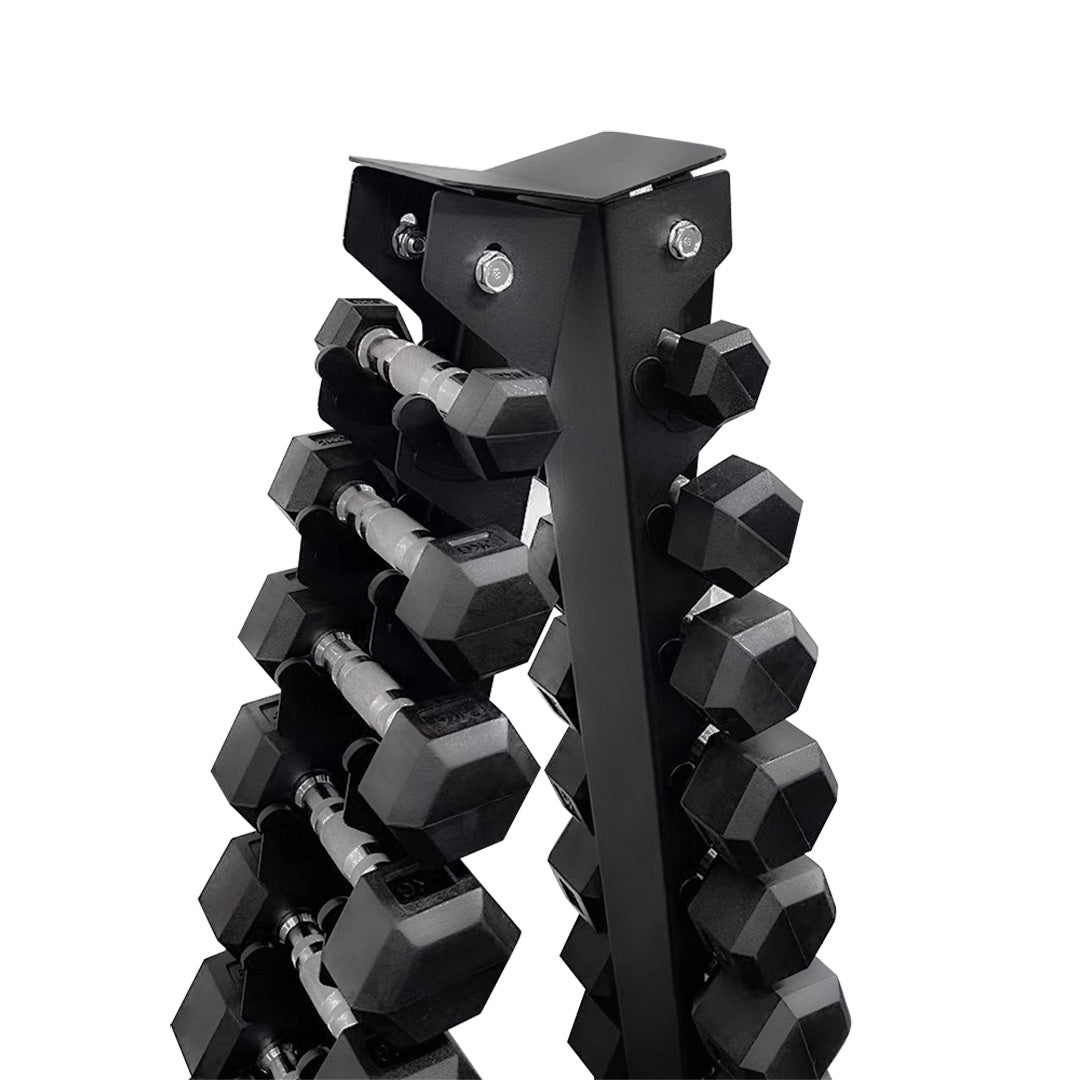 close-up of 1-10kg hex dumbbells on the a-shape stand