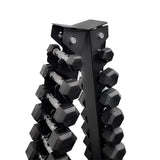 close-up of 1-10kg hex dumbbells on the a-shape stand