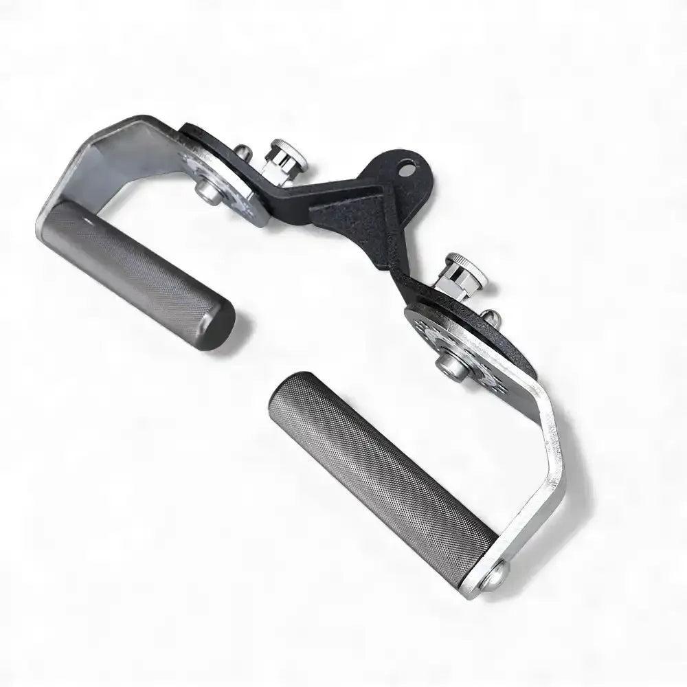 Commercial cable attachment with dual knurled metal handles and mounting bracket, fitness equipment accessory