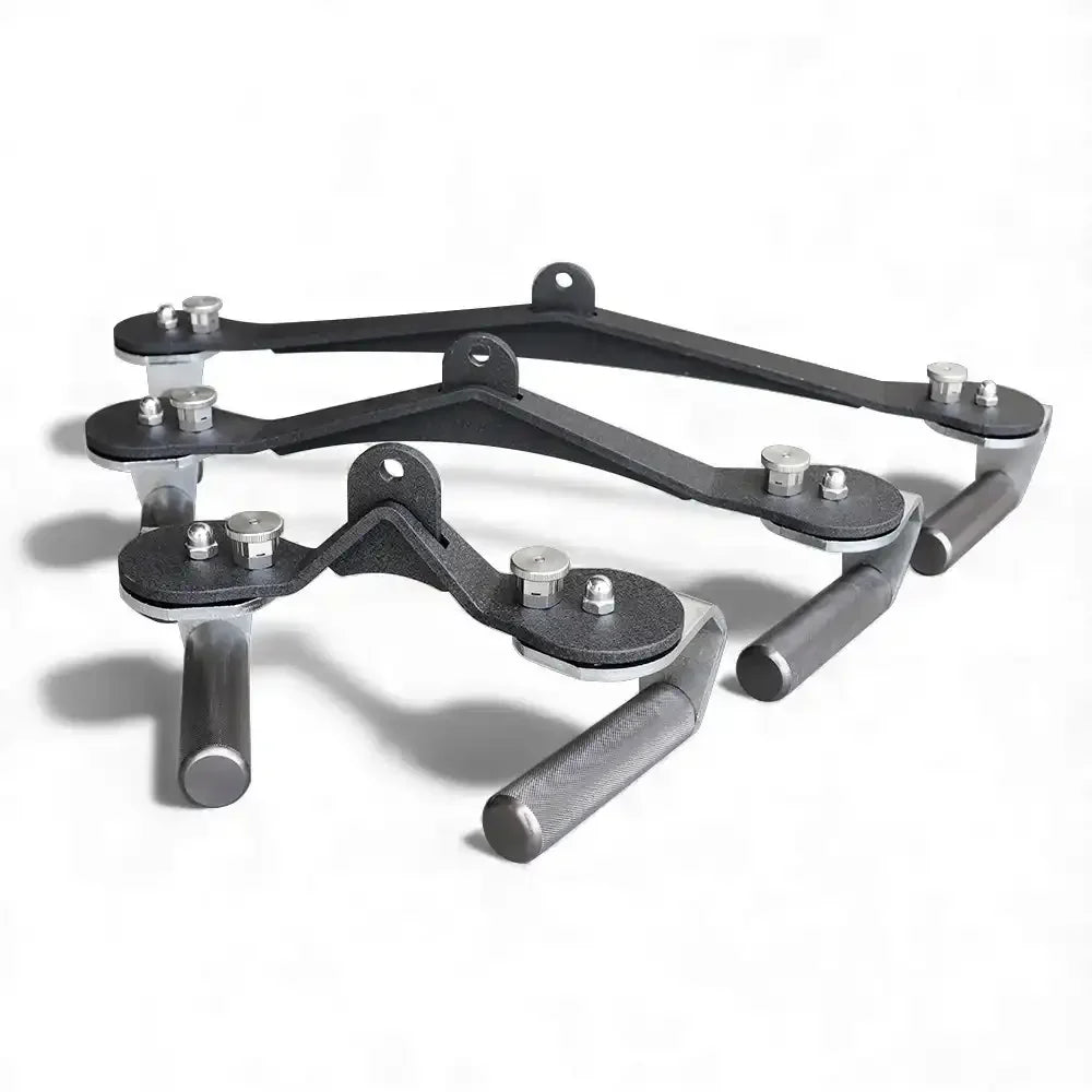 Set of three commercial cable machine attachments with textured metal handles on white background