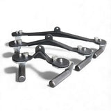 Set of three commercial cable machine attachments with textured metal handles on white background