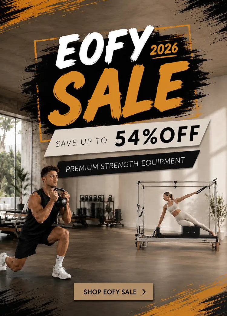 Advertisement for EOFY 2026 sale with fitness equipment and people exercising in a gym.