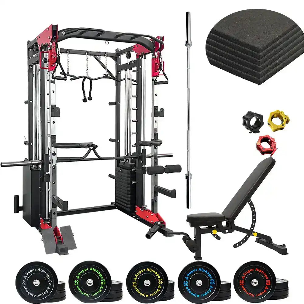 Gym equipment set including a power rack, bench, weight plates, and accessories on a white background.