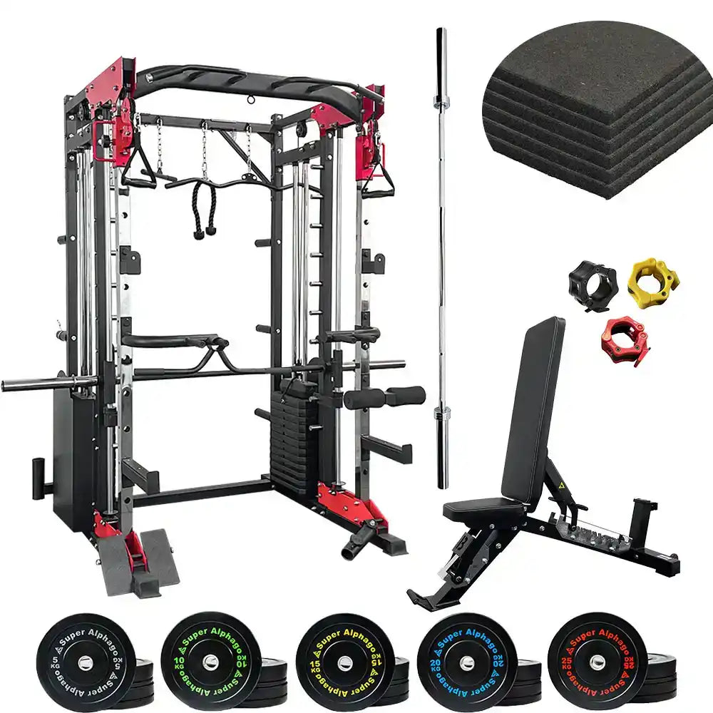 Gym equipment set including a power rack, weight plates, and other accessories on a white background.
