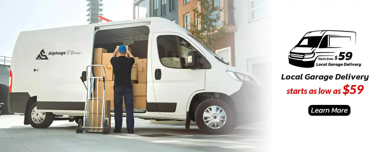 Delivery van with a driver loading packages, promotional text for local garage delivery service.