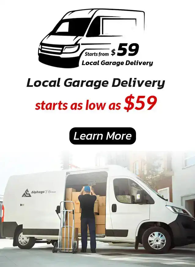 super alphago local garage delivery service with a van and person loading boxes, text indicating cost and call to action.
