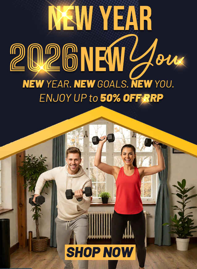 Promotional image with a couple exercising at home, featuring text about New Year goals and discounts.