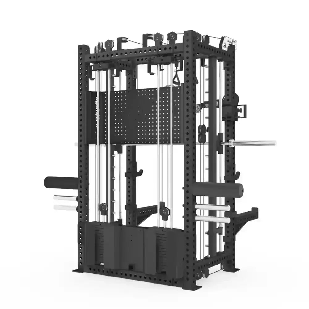 Black multifunctional gym cage with cable pulley system, weight plates, and barbell holders