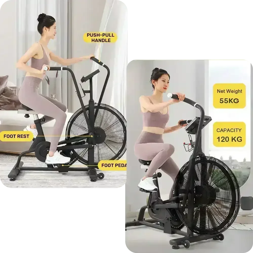 Woman using an exercise bike with labeled features and specifications.