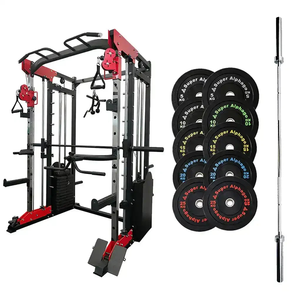 Gym equipment including a Smith machine, Bumper Plates, and a bar on a white background