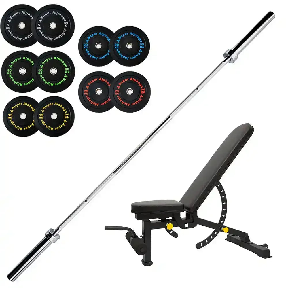 a set of 150kg bumper plate with adjustable decline bench with 20kg bar