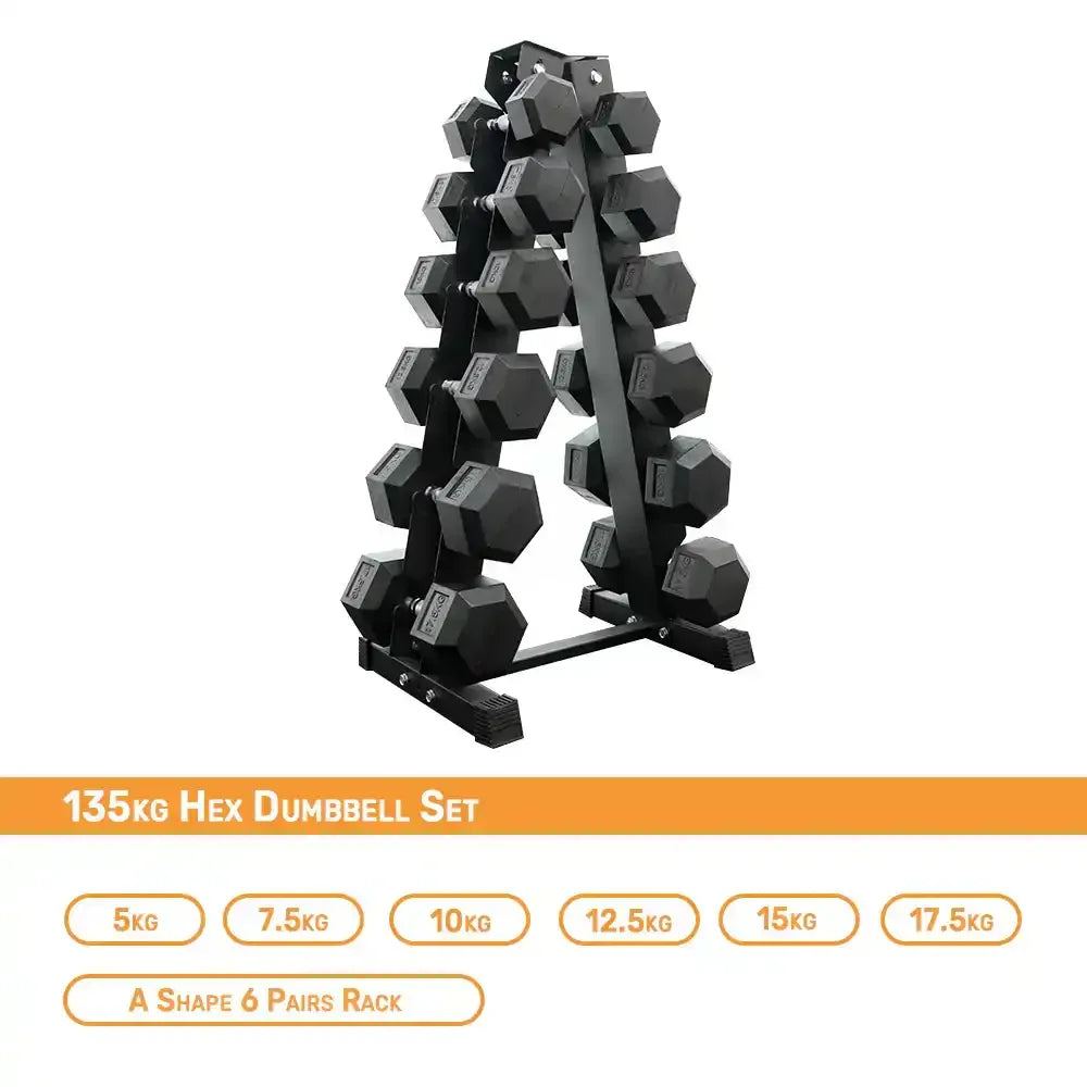 135kg hex dumbbell with rack