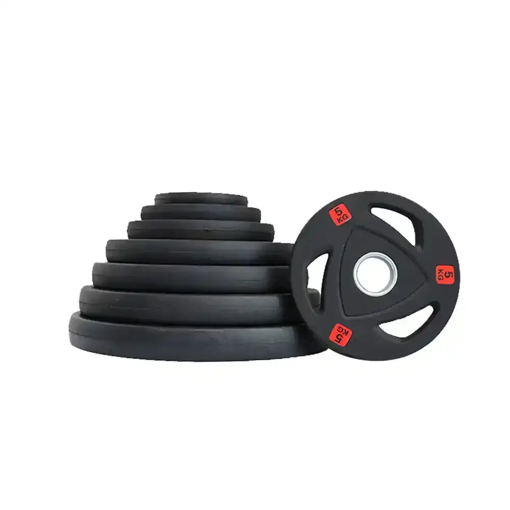Set of black tri-grip weight plates with a 5kg weight plate on white background