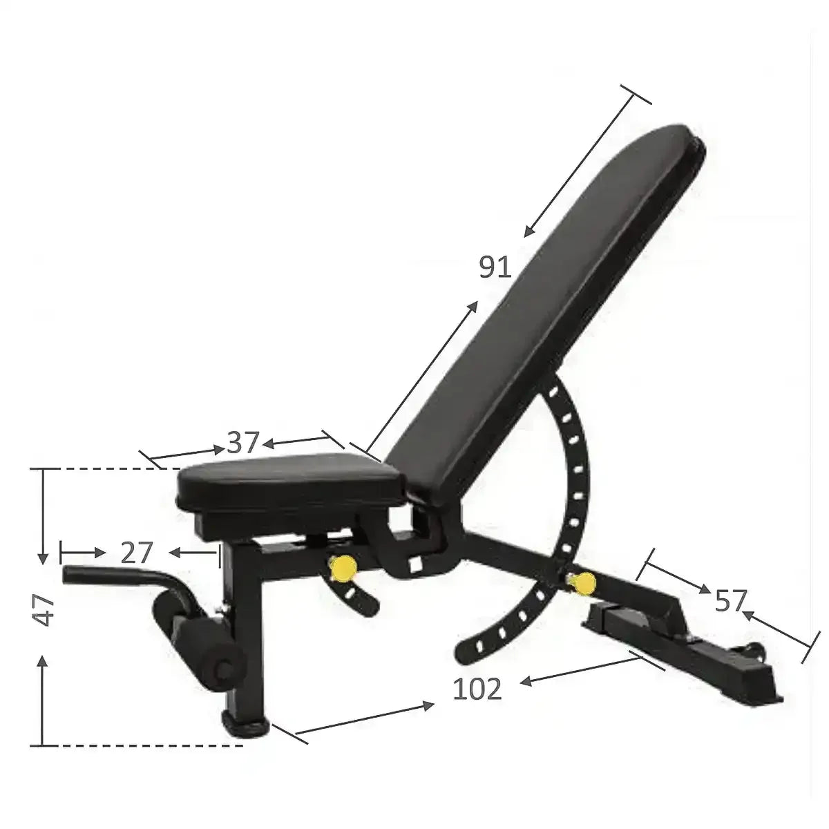Adjustable black decline workout bench with visible dimensions and padded seat and backrest
