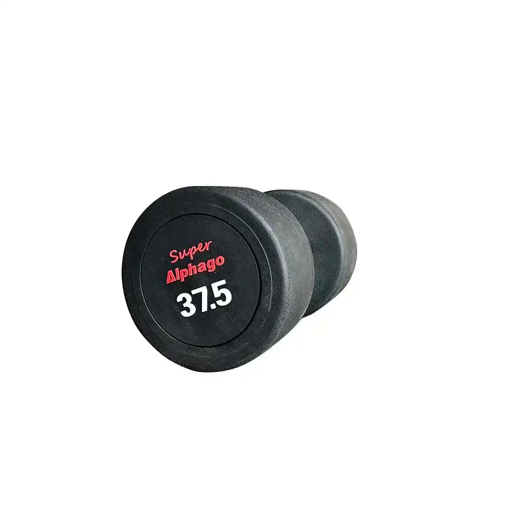 37.5kg Black round dumbbell with 'Super Alphago' branding on a white background