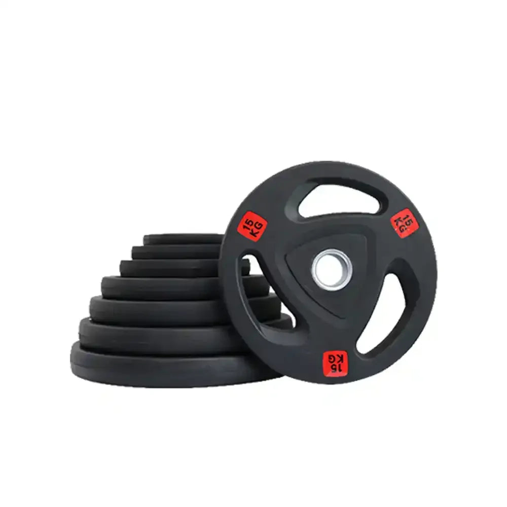 Set of black tri-grip weight plates with a 15kg weight plate on white background