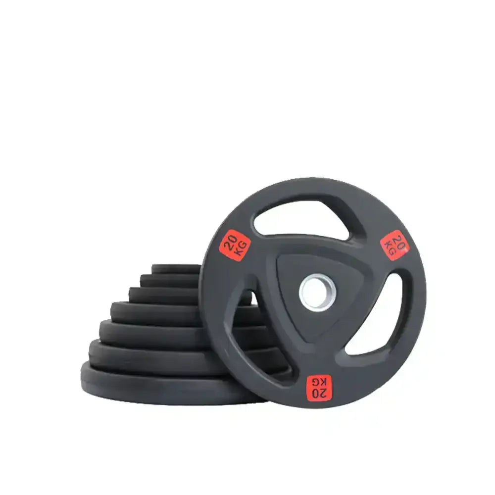 Set of black tri-grip weight plates with a 20kg weight plate on white background
