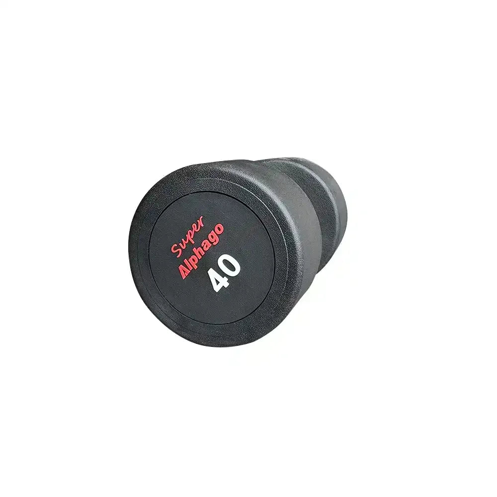 40kg Black round dumbbell with 'Super Alphago' branding on a white background