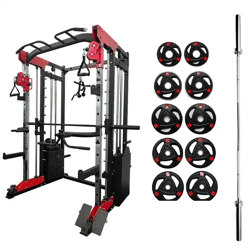 Gym equipment set with Smith machine, weight plates, and bar on a white background