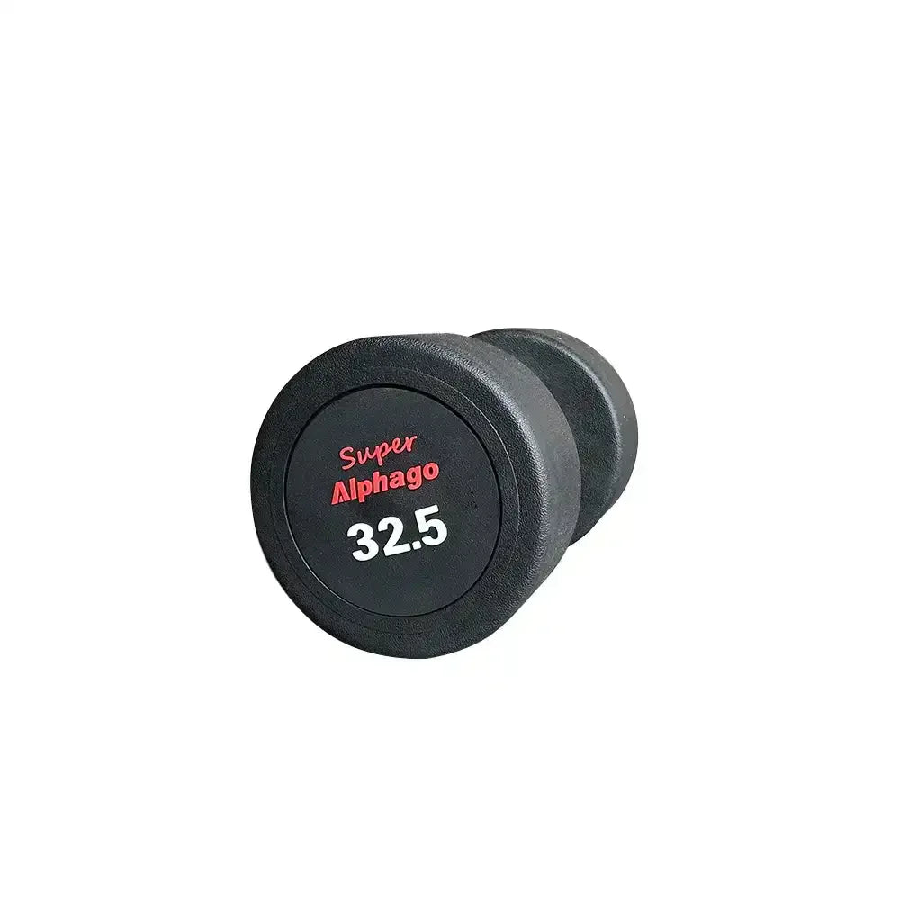32.5kg Black round dumbbell with 'Super AlphaGo' branding on a white background