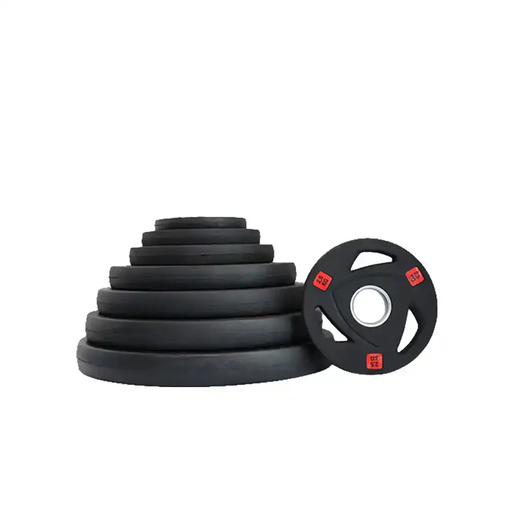 Set of black tri-grip weight plates with a 2.5kg weight plate on white background